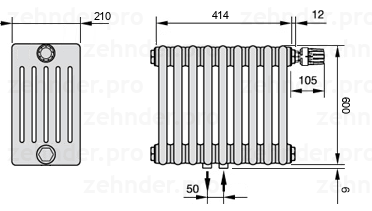 Схема (чертеж) Радиатор Zehnder Charleston 6060/9 №V008 Белый глянцевый RAL 9016